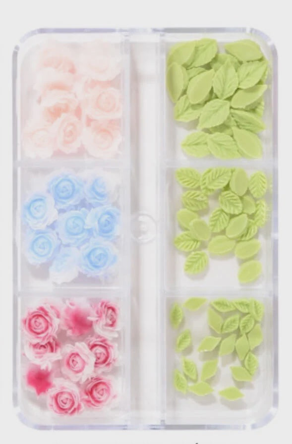 Nail Charm 3D Mixed Rose & Green Leaf – 6 Designs/Box (Z271)