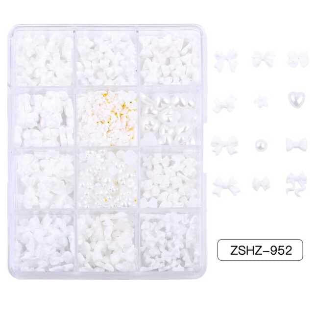 Nail Charm Resin Pearl White Bows – 12 Designs/Box (Z952)