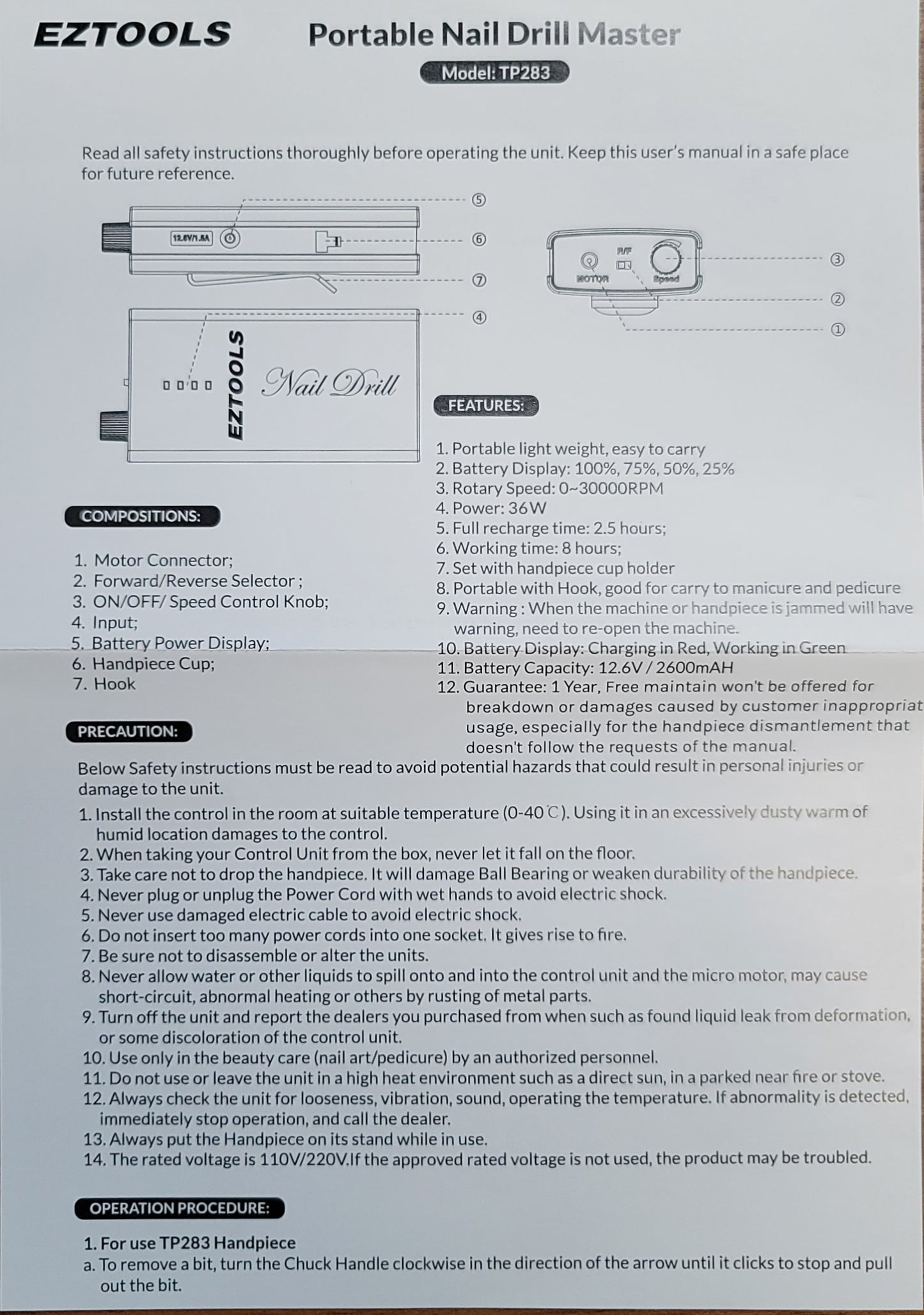 EZTOOLS Precision Nail Drill Rechargeable Machine