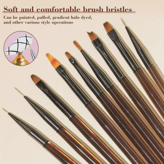 Monika Nail Art Brush Set - 9 pc. brown handle
