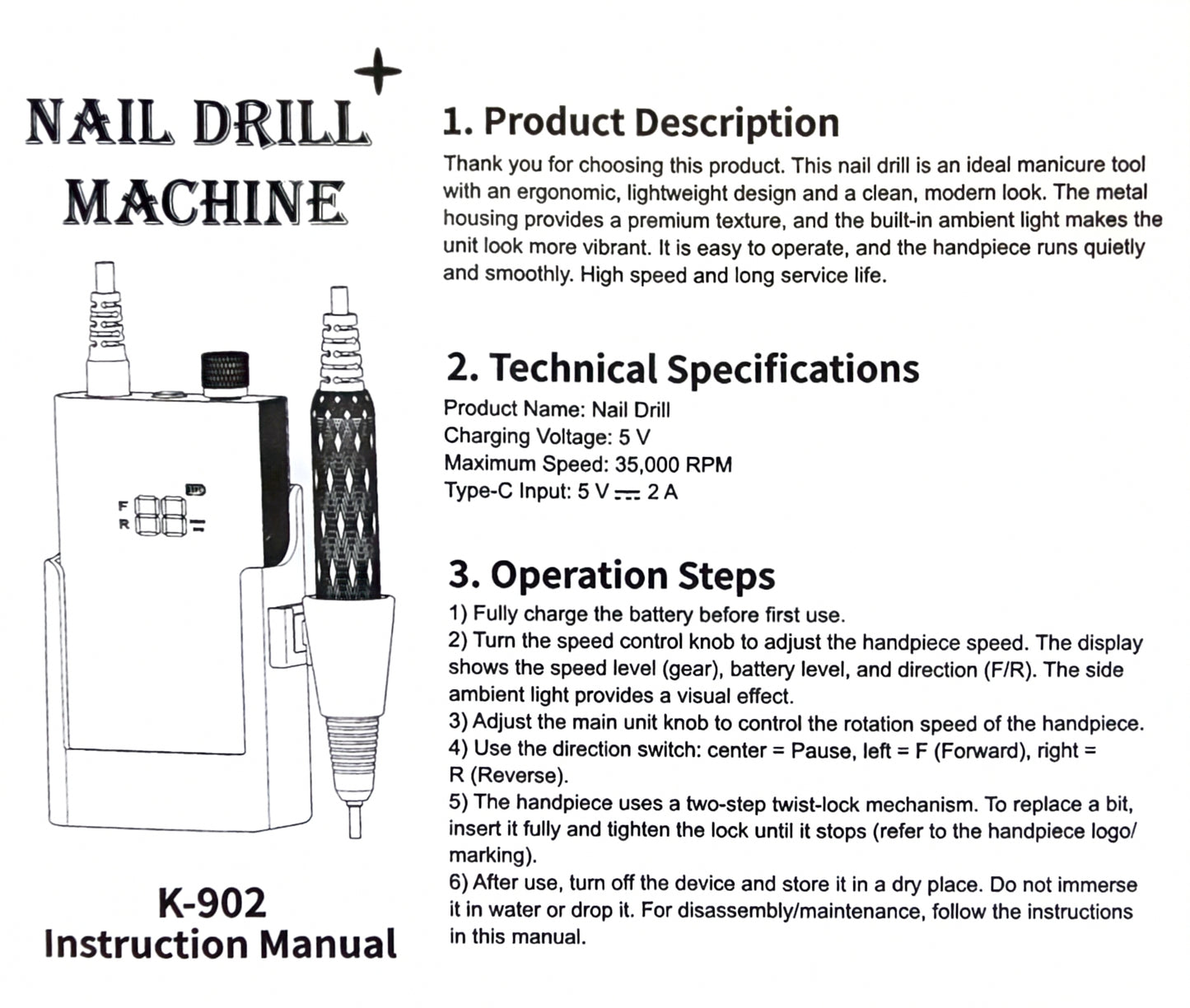 Monika Rechargeable Electric Nail Drill Machine up 35K #K902
