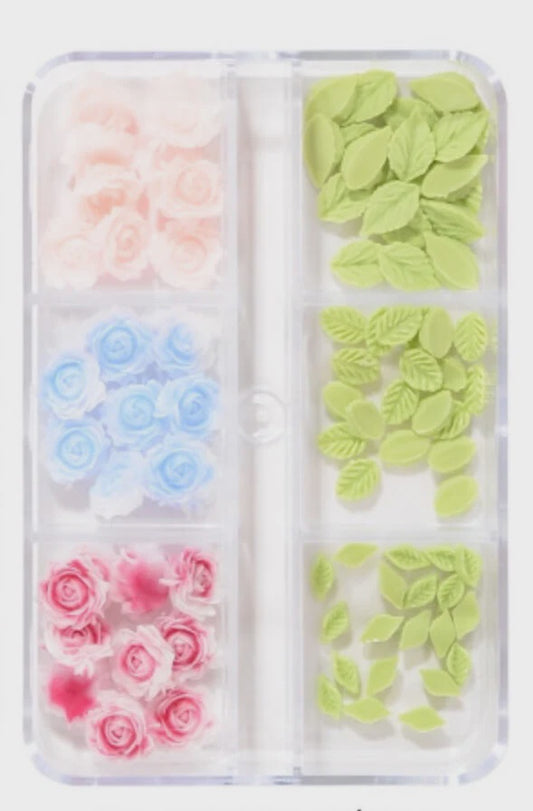 Nail Charm 3D Mixed Rose & Green Leaf – 6 Designs/Box (Z271)
