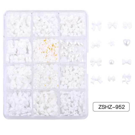 Nail Charm Resin Pearl White Bows – 12 Designs/Box (Z952)