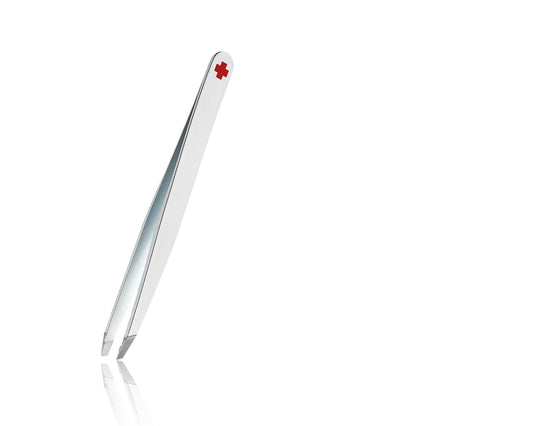 Rubis Switzerland Swiss Tweezers White with Red Swiss Cross Slanted Tip 3-3/4" #18803