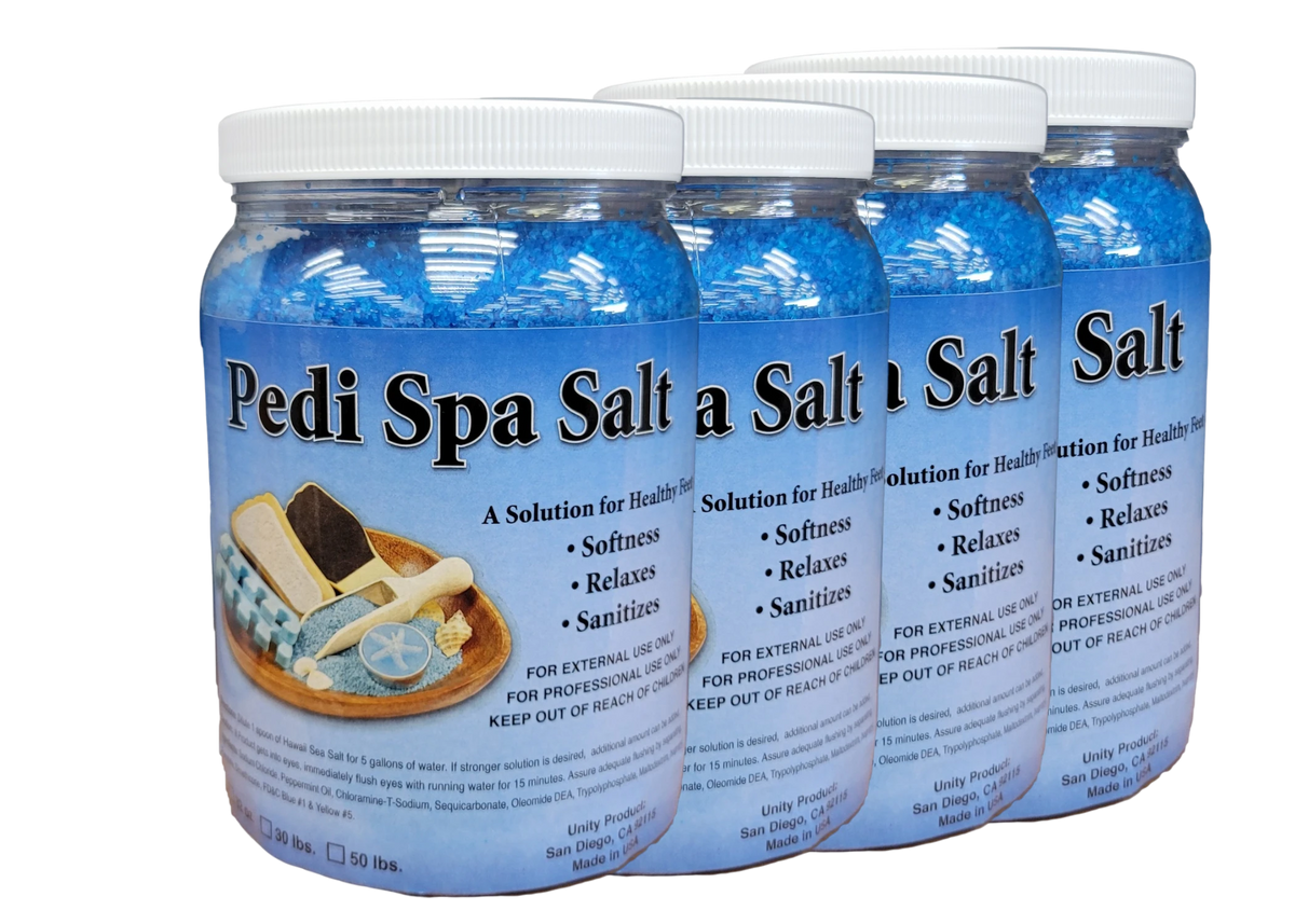 Beauty Zone Nail Supply Unity Hawaii Pedi Spa blue sea salt in a large plastic gallon container for professional use