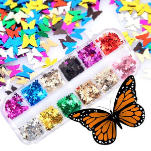 12 Grids Butterfly Shape Nail Flakes 3D Laser Glitter Sequin Nail Art Decors CN