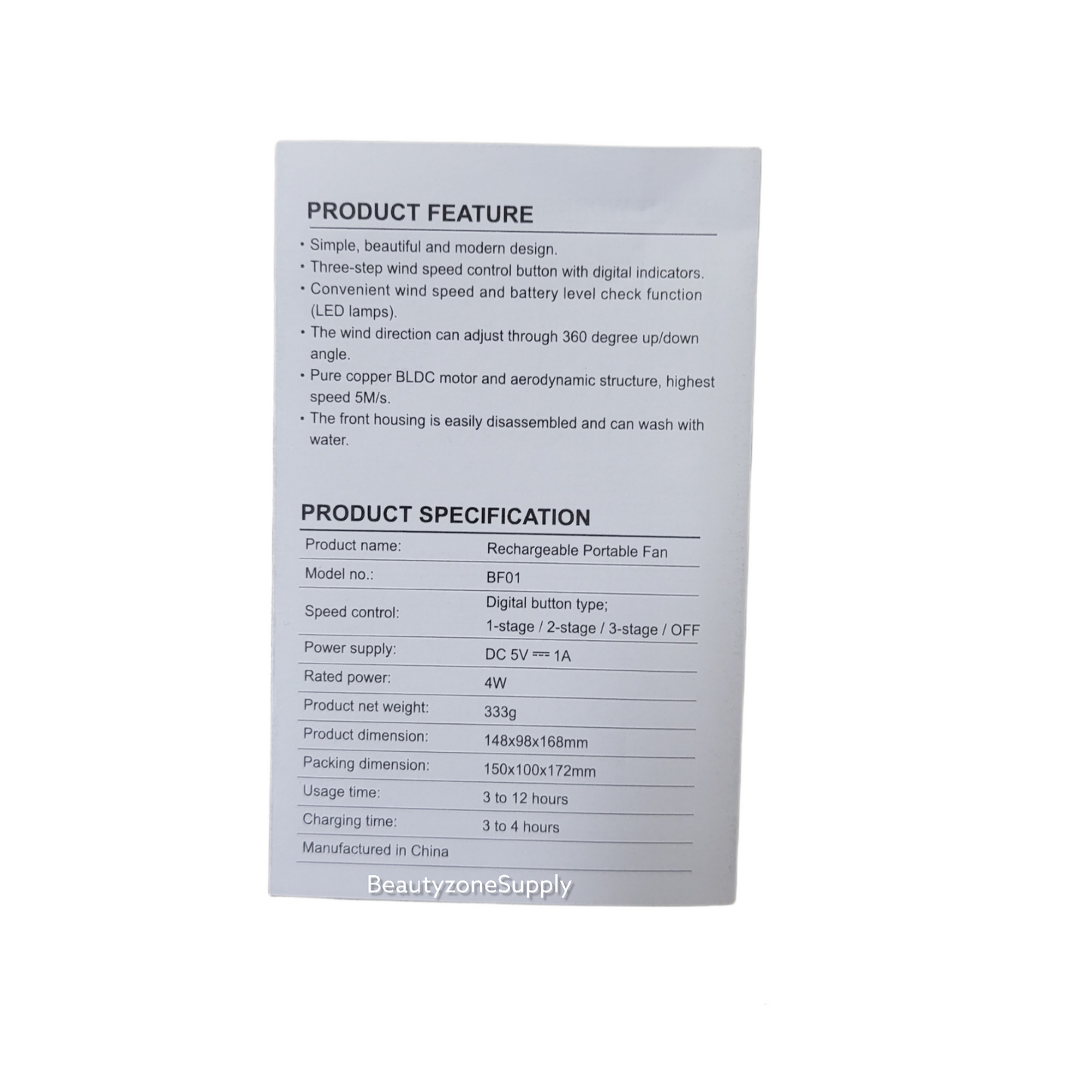 BF01 Rechargeable Mini Table Nail Fan White