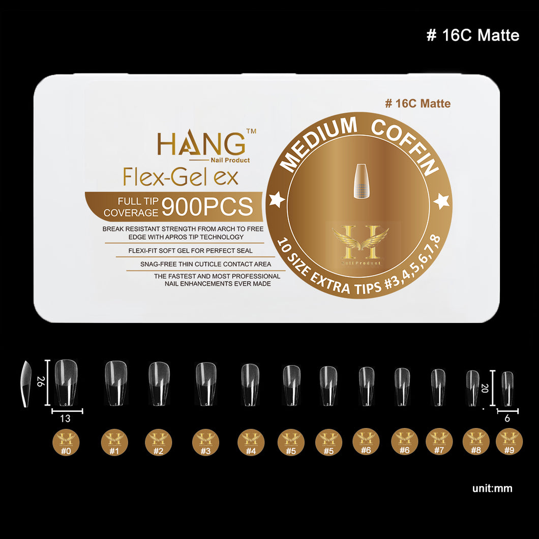 Hang Gel x Tips Coffin Medium 900 ct / 12 Size #16C Matte